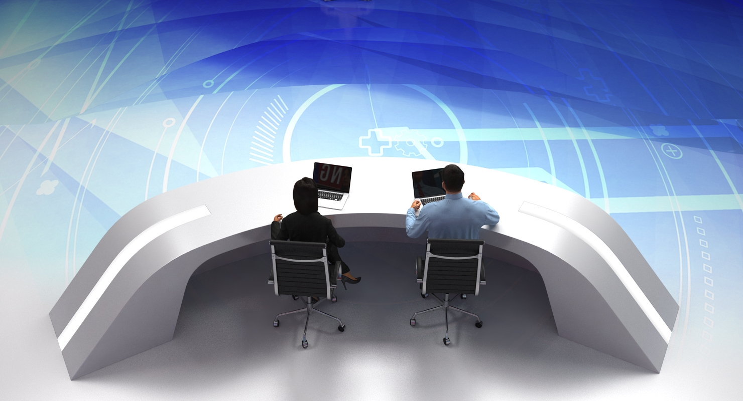 3D TV News Studio with Camera and Presenters Rigged model