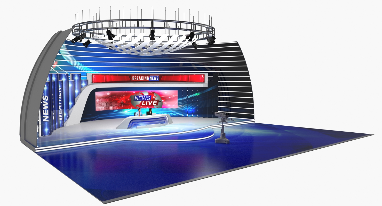 3D TV News Studio with Camera and Presenters Rigged model