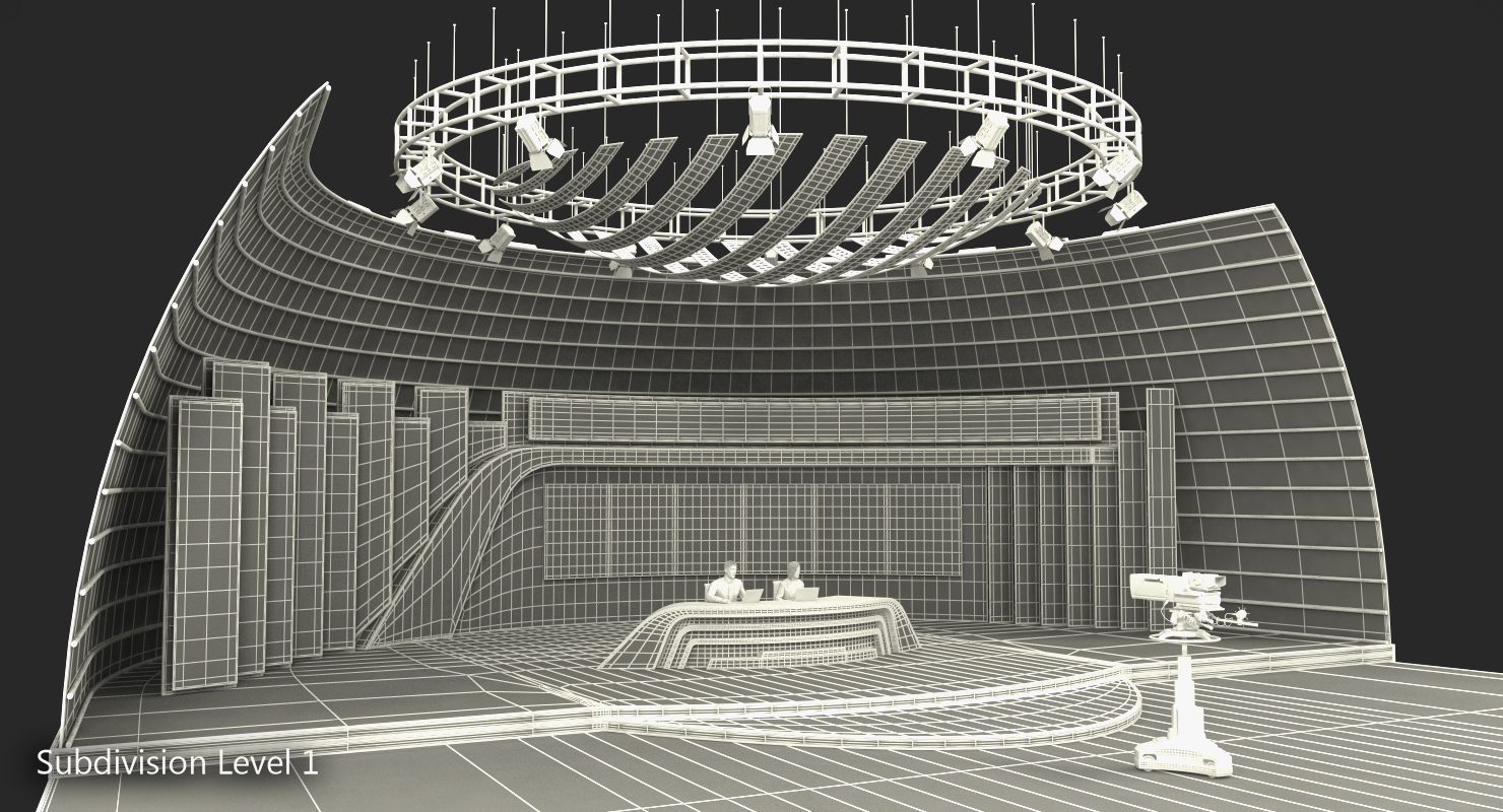 3D TV News Studio with Camera and Presenters Rigged model