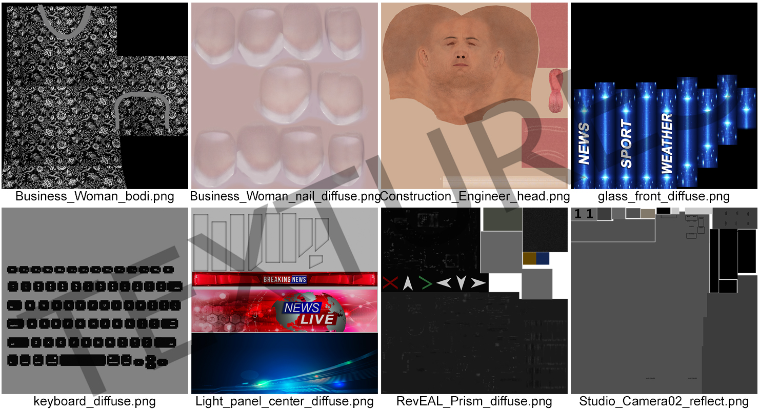 3D TV News Studio with Camera and Presenters Rigged model