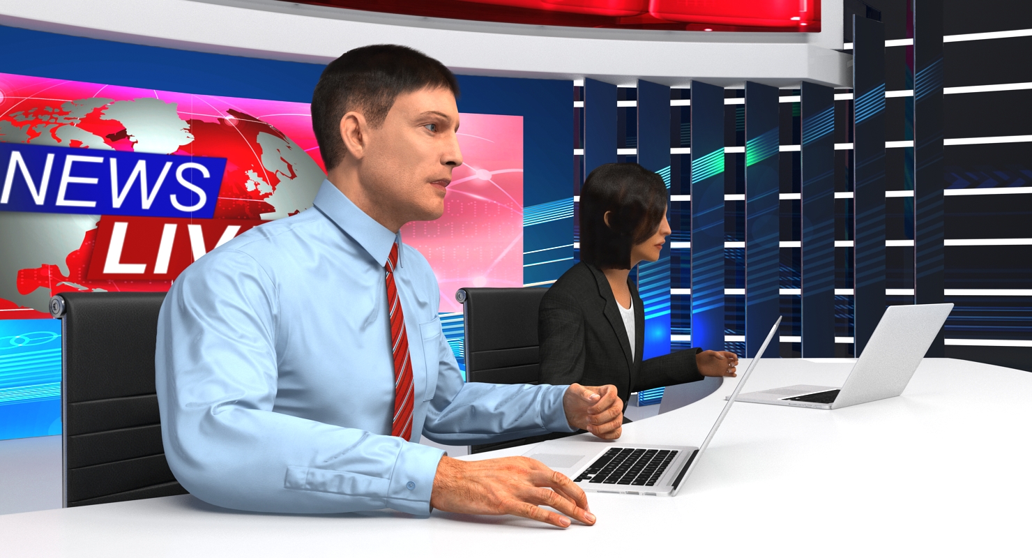 3D TV News Studio with Camera and Presenters Rigged model
