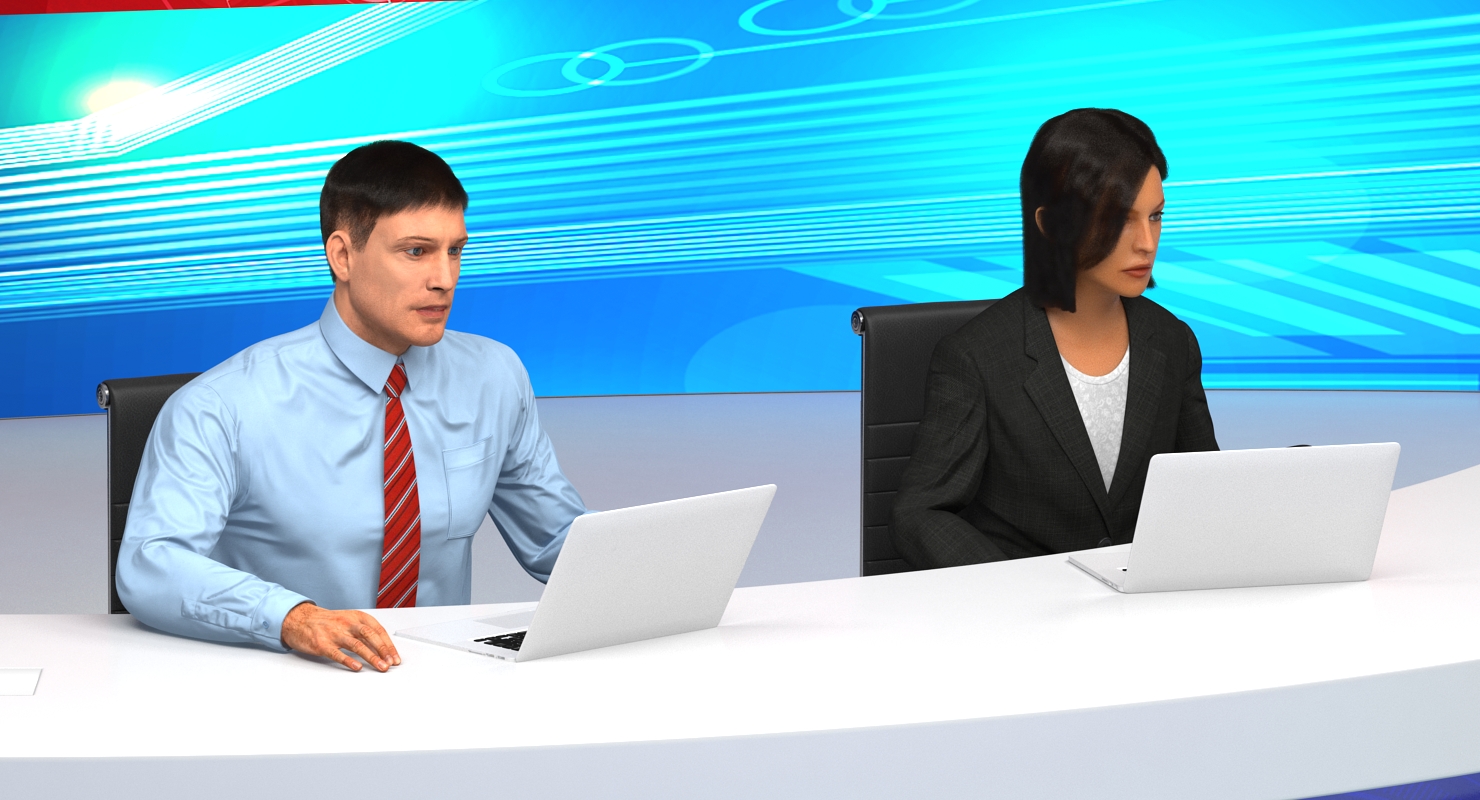 3D TV News Studio with Camera and Presenters Rigged model