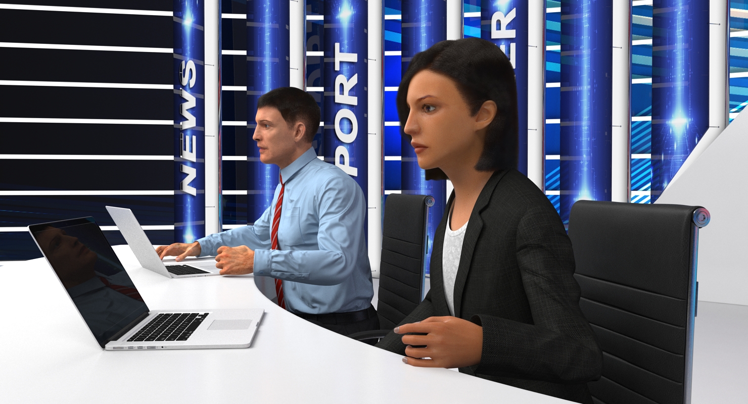 3D TV News Studio with Camera and Presenters Rigged model