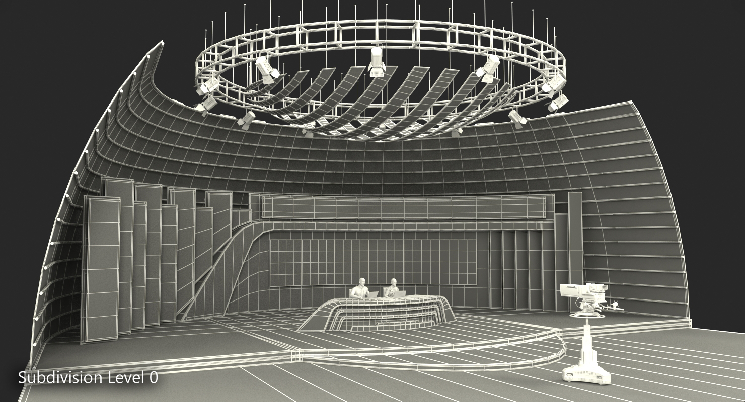 3D TV News Studio with Camera and Presenters Rigged model