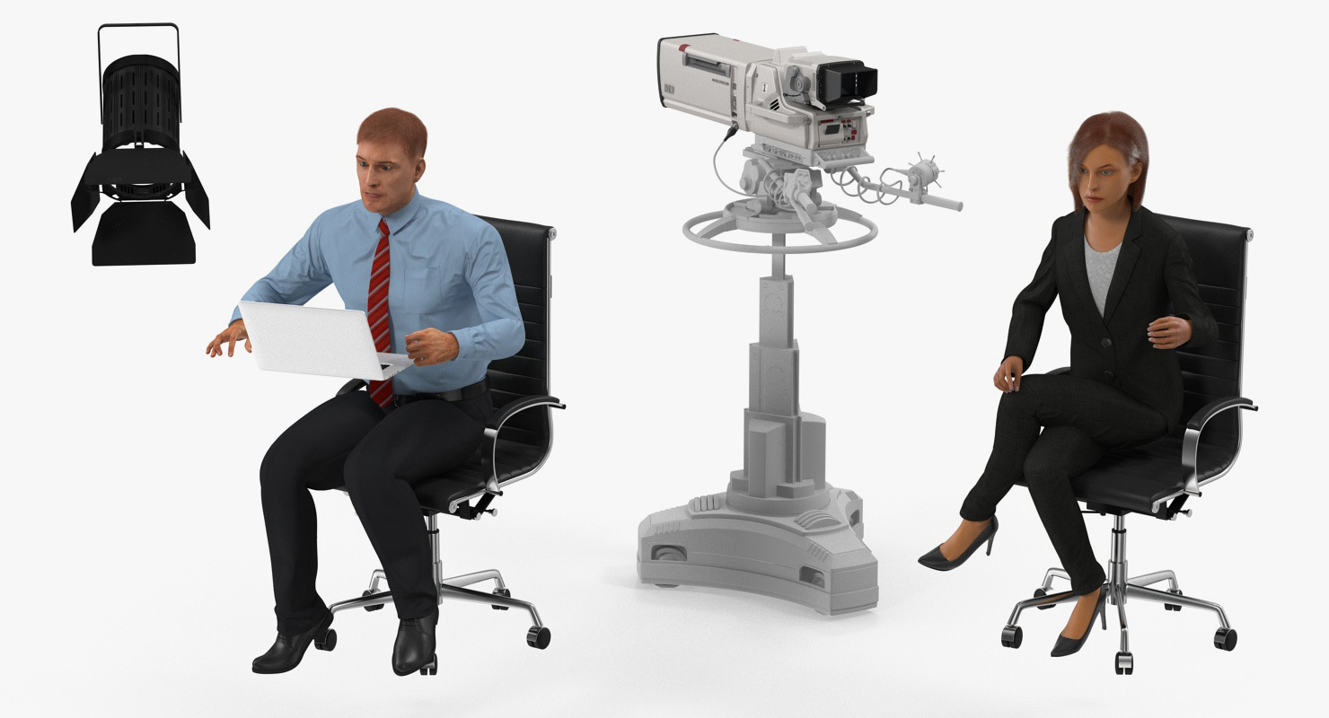3D TV News Studio with Camera and Presenters Rigged model