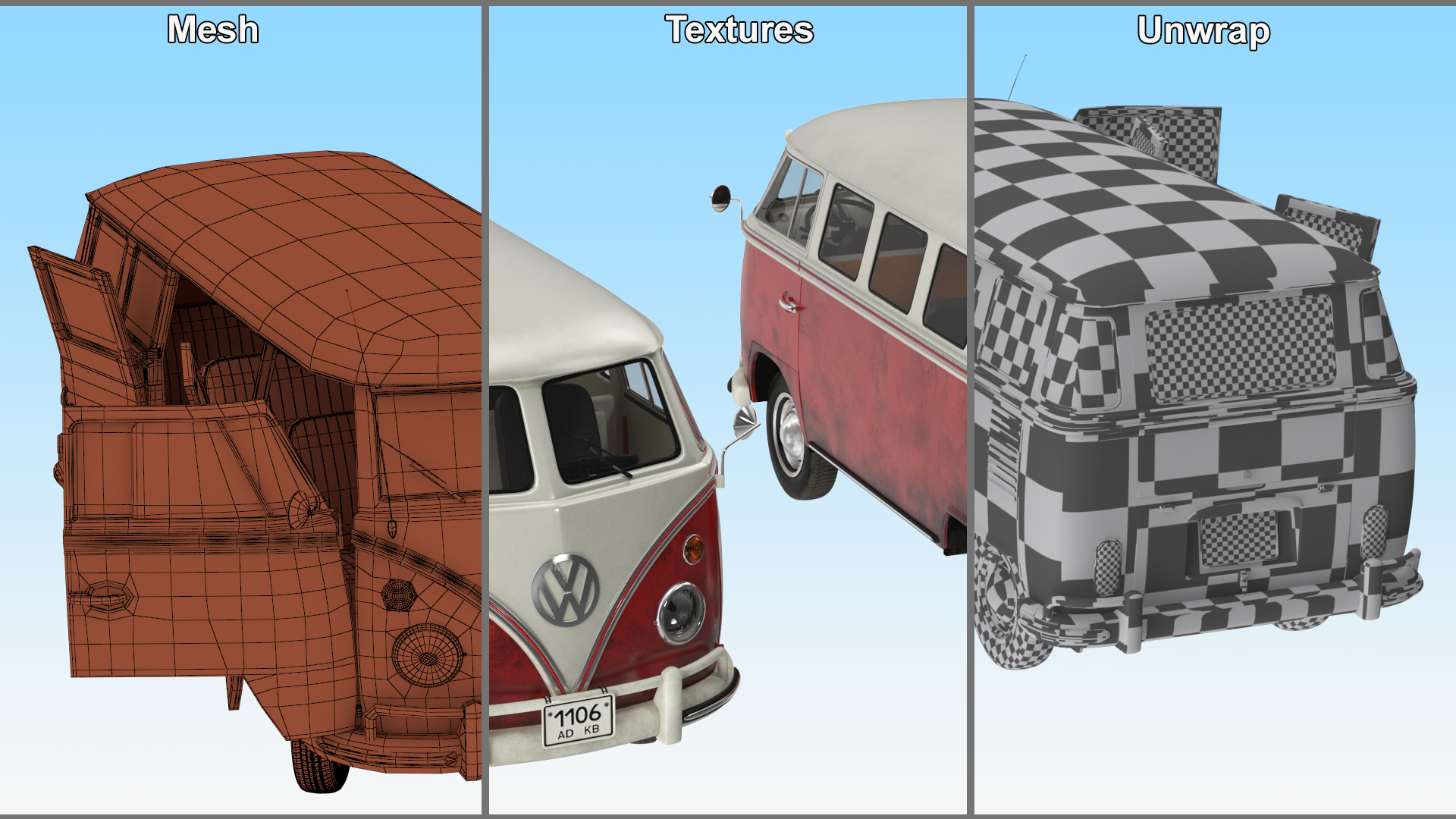 3D Classic Volkswagen Type 2 Bus Rigged