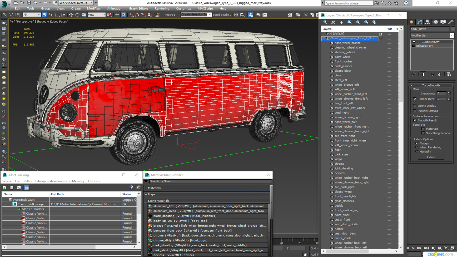 3D Classic Volkswagen Type 2 Bus Rigged