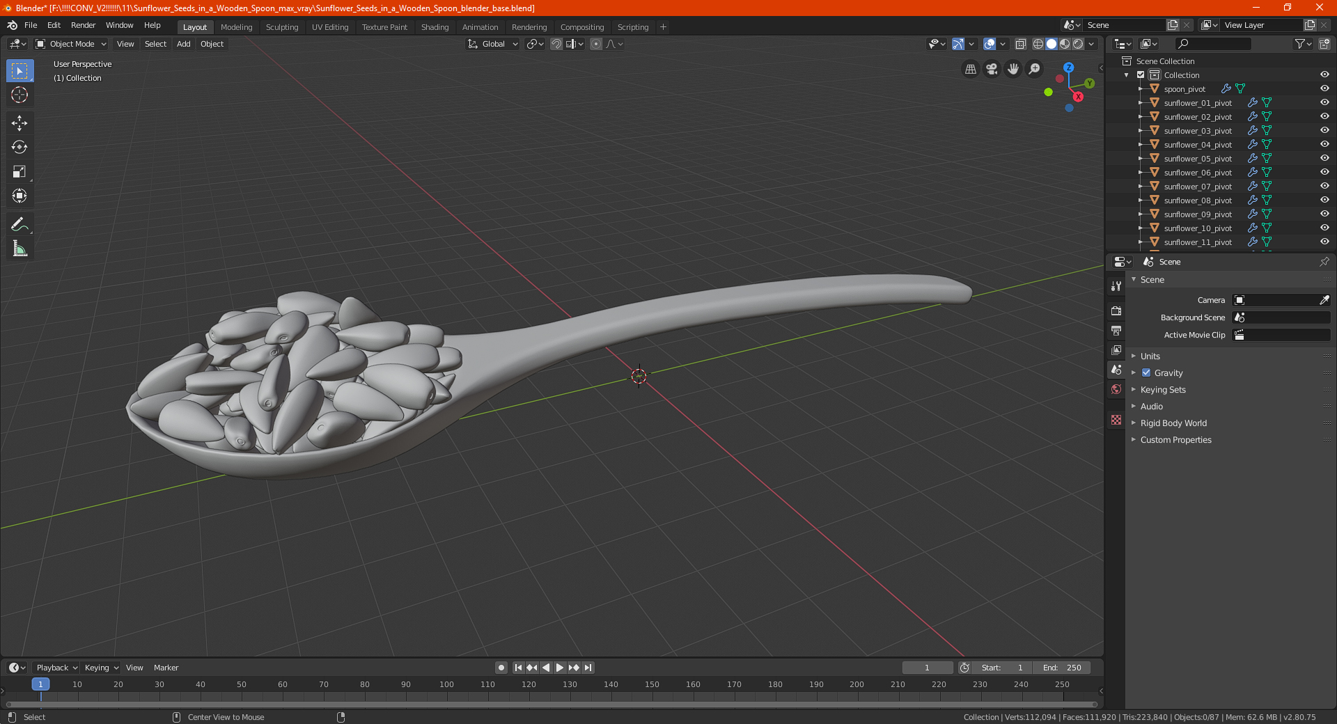 3D Sunflower Seeds in a Wooden Spoon model