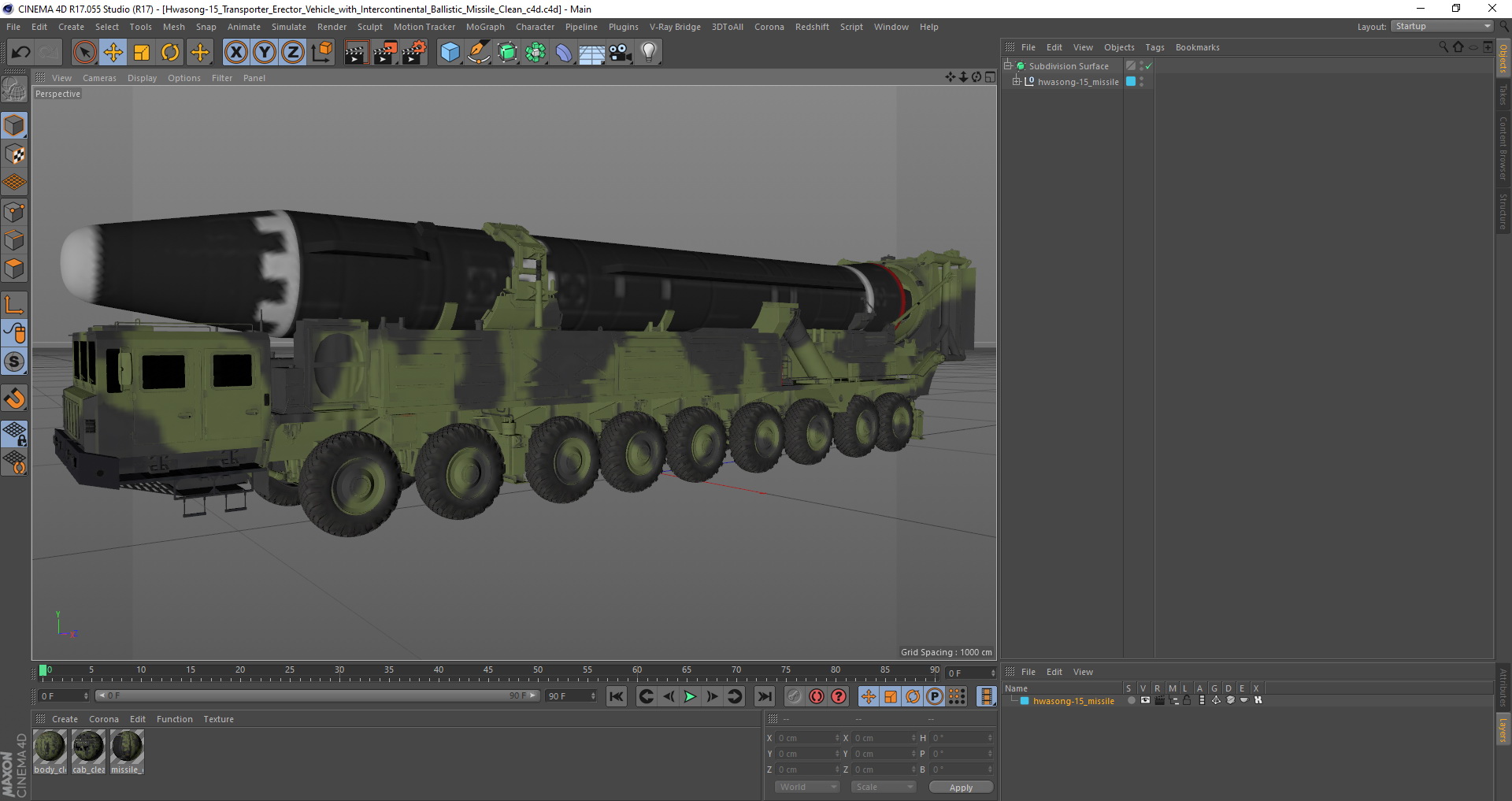 Hwasong-15 Transporter Erector Vehicle with Intercontinental Ballistic Missile Clean 3D model