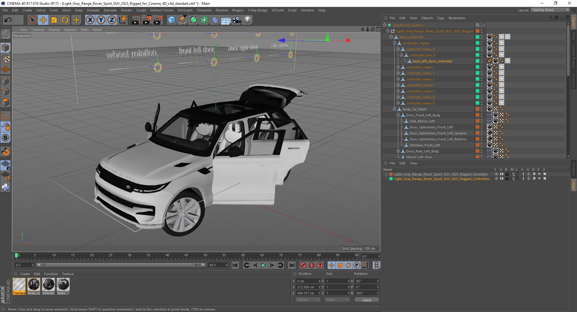3D Light Grey Range Rover Sport SUV 2023 Rigged for Cinema 4D model
