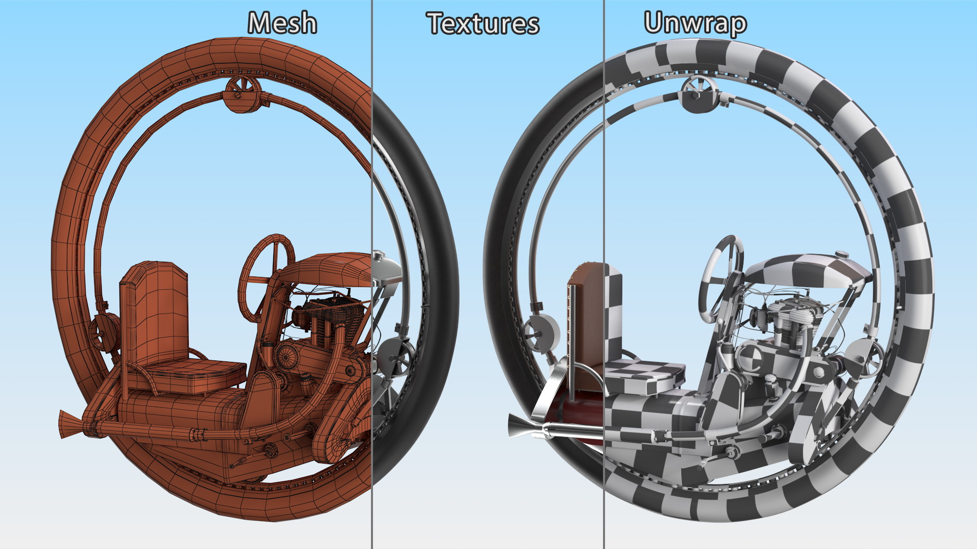 3D Classic Motorized Monowheel Red Rigged model