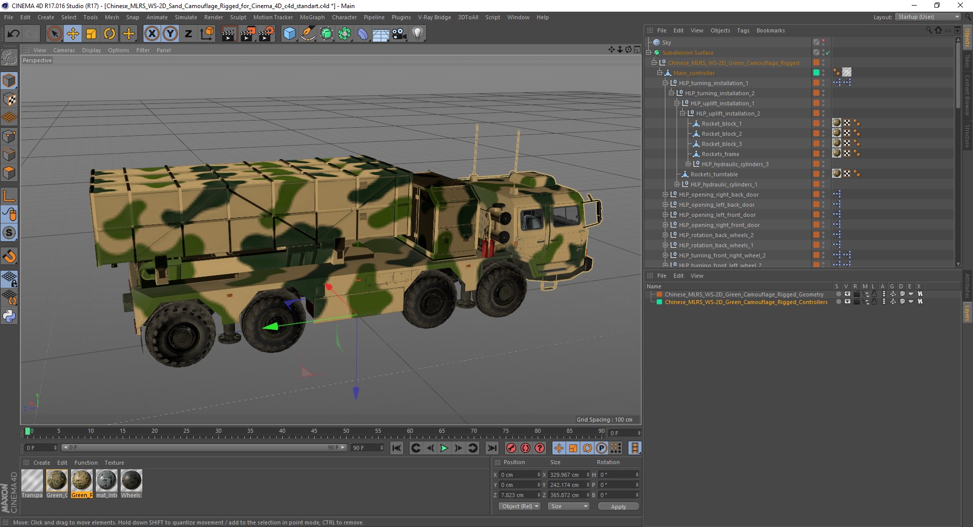 3D model Chinese MLRS WS-2D Sand Camouflage Rigged for Cinema 4D