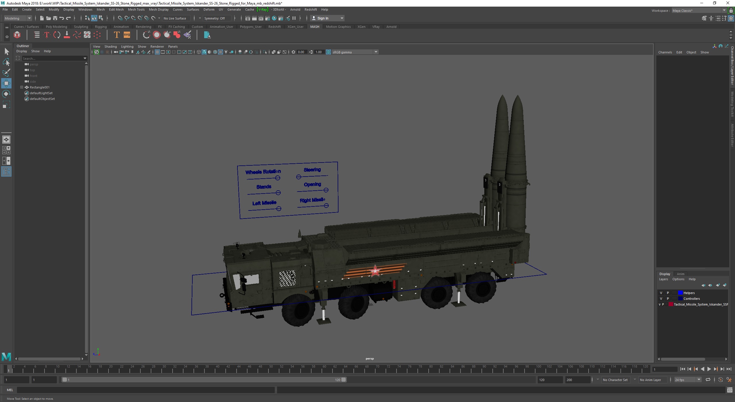 3D model Tactical Missile System Iskander SS-26 Stone Rigged for Maya