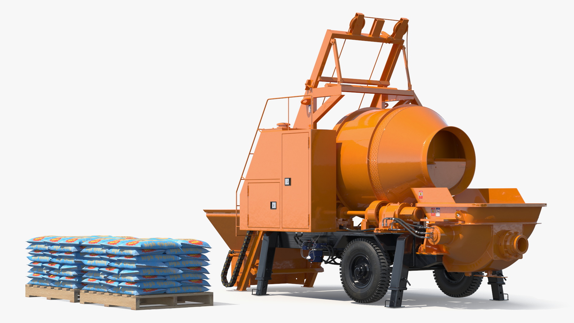 3D Portable Concrete Mixer Pump with Stacked Cement Bags model