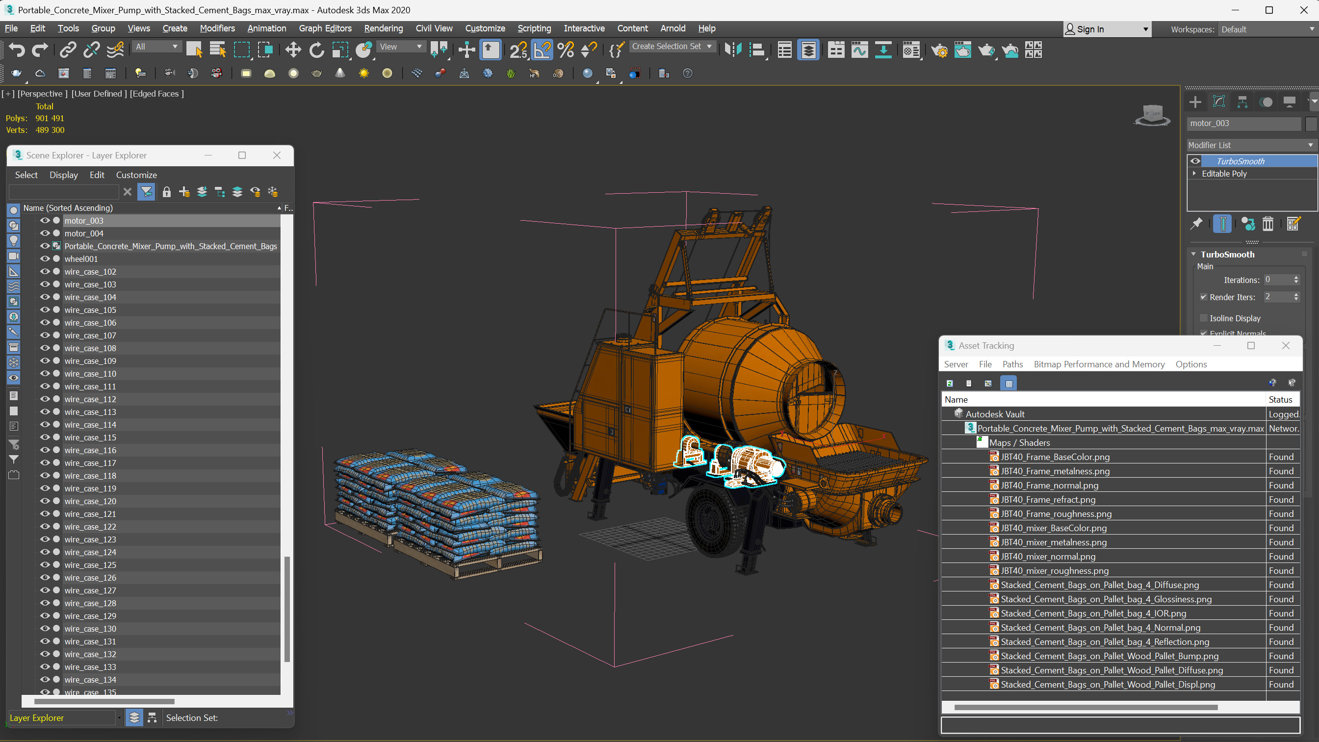 3D Portable Concrete Mixer Pump with Stacked Cement Bags model