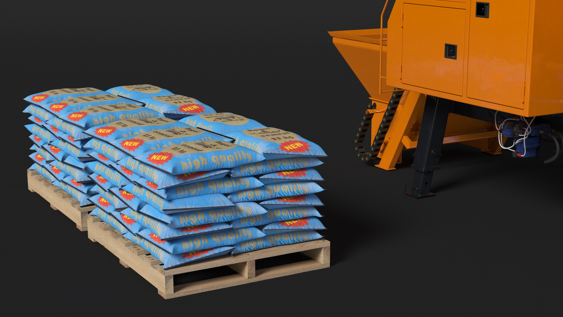 3D Portable Concrete Mixer Pump with Stacked Cement Bags model
