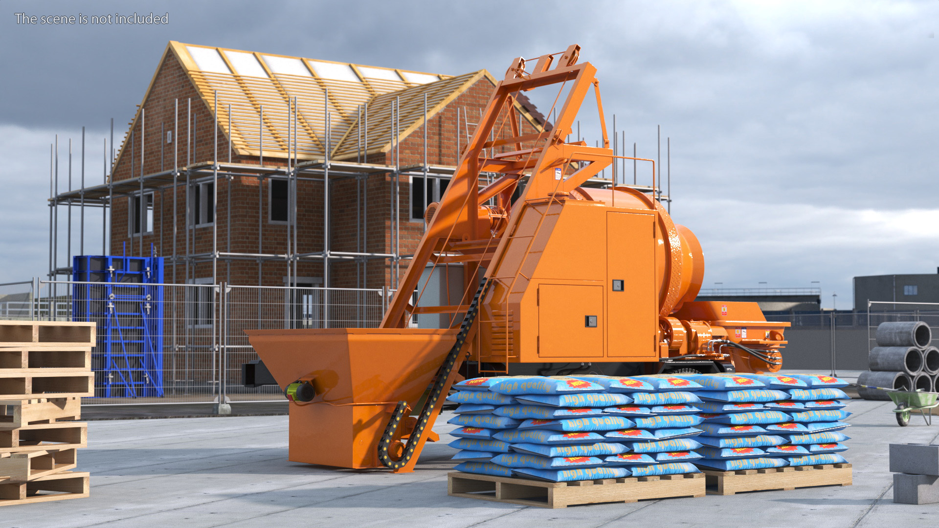 3D Portable Concrete Mixer Pump with Stacked Cement Bags model