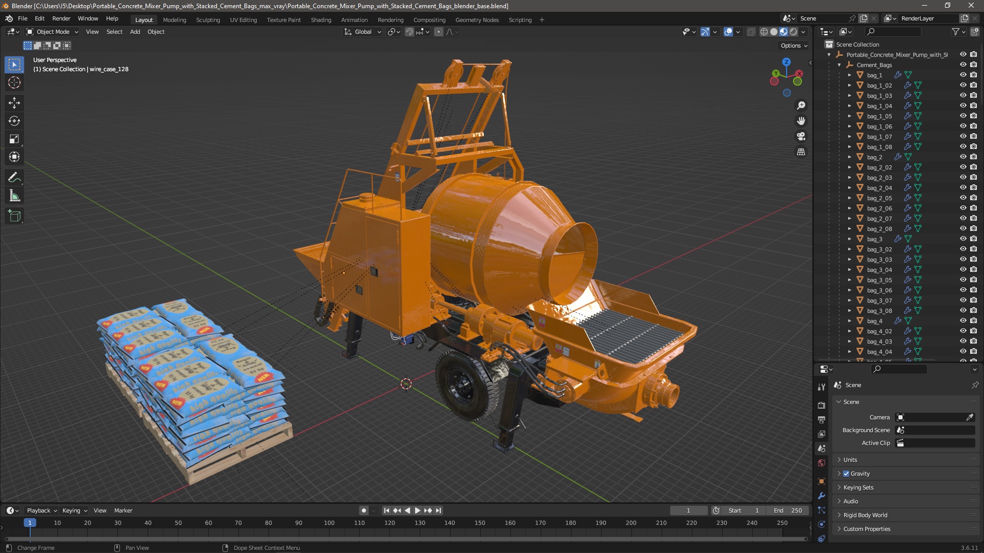 3D Portable Concrete Mixer Pump with Stacked Cement Bags model