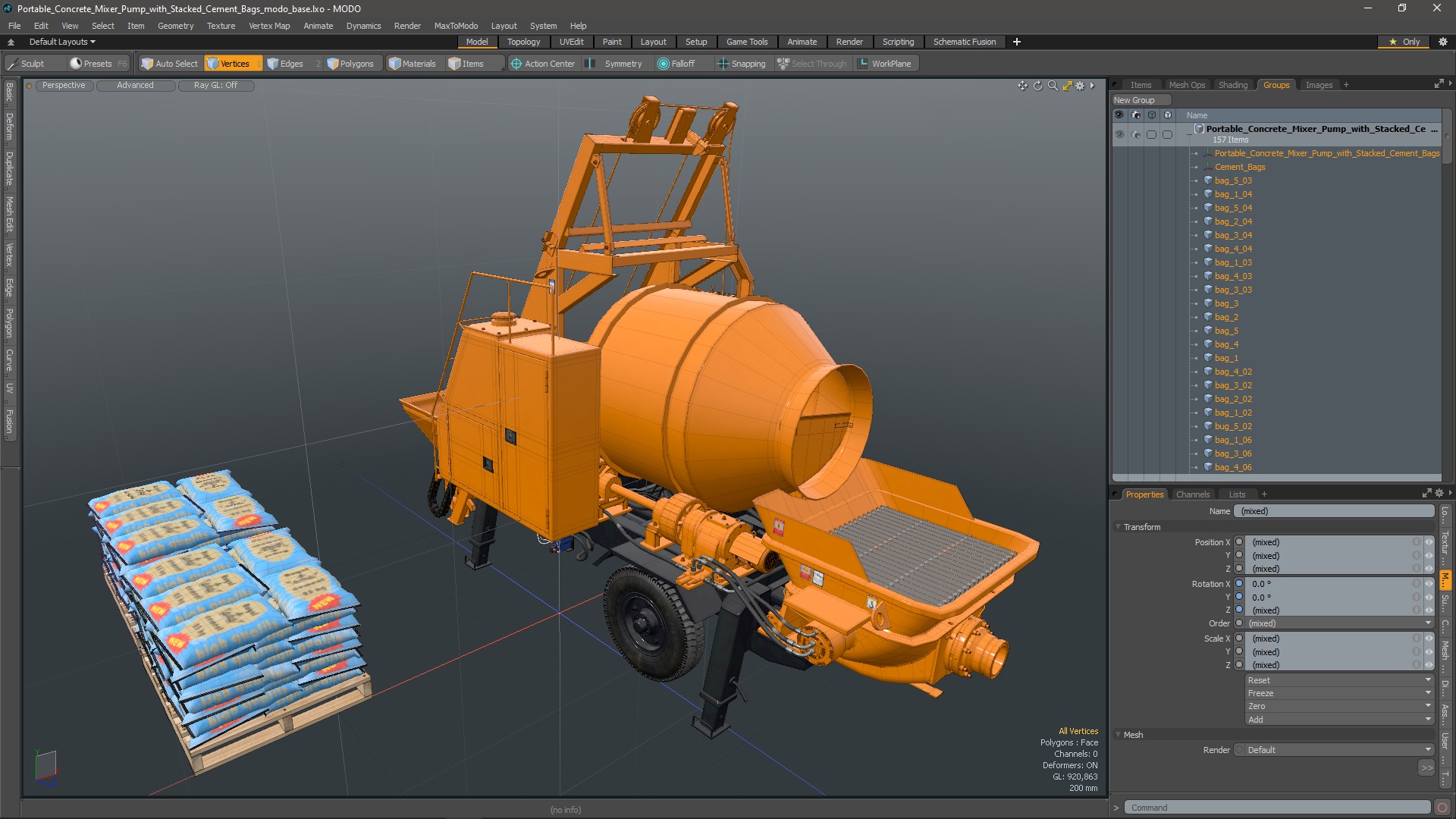 3D Portable Concrete Mixer Pump with Stacked Cement Bags model