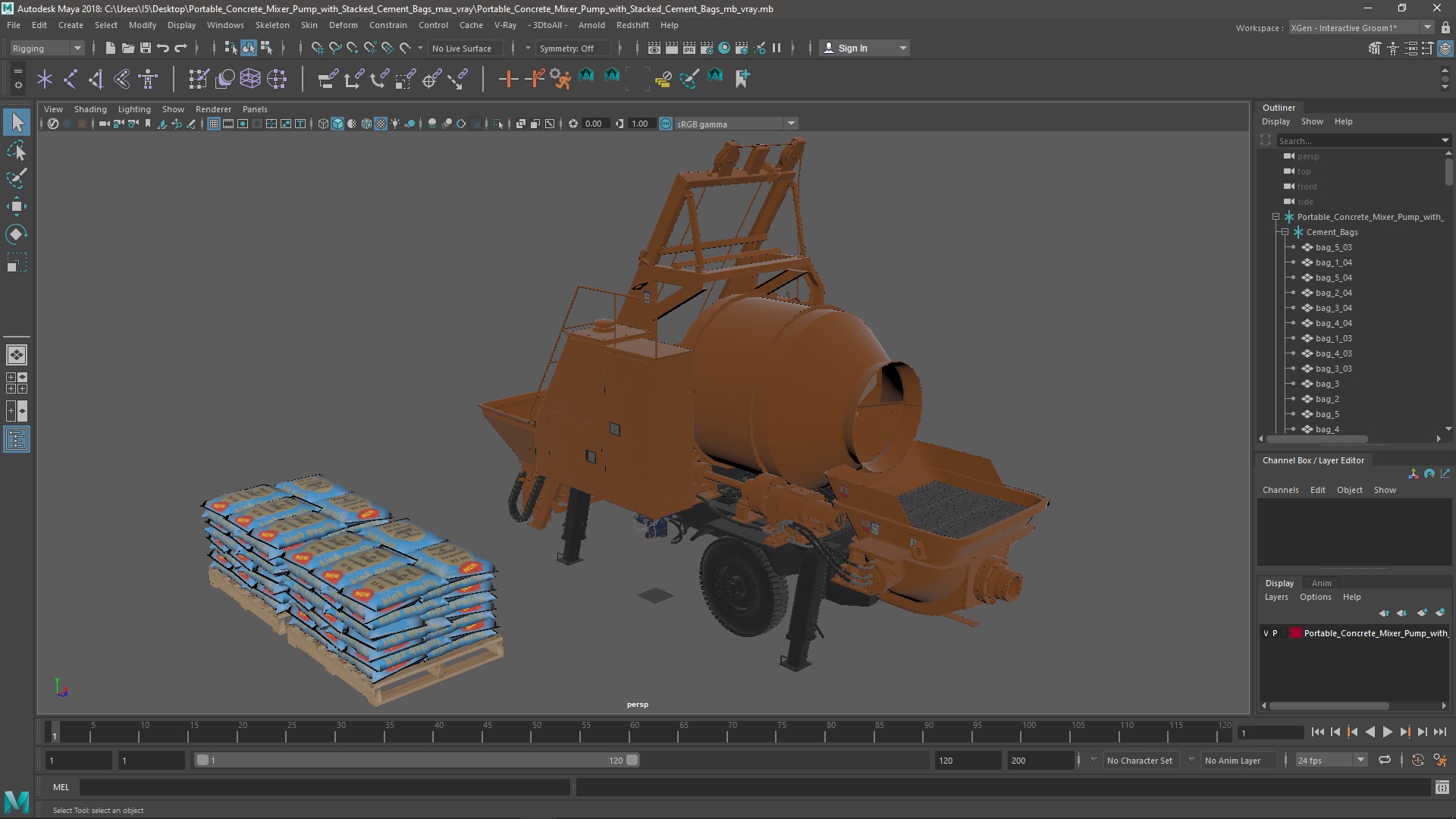 3D Portable Concrete Mixer Pump with Stacked Cement Bags model
