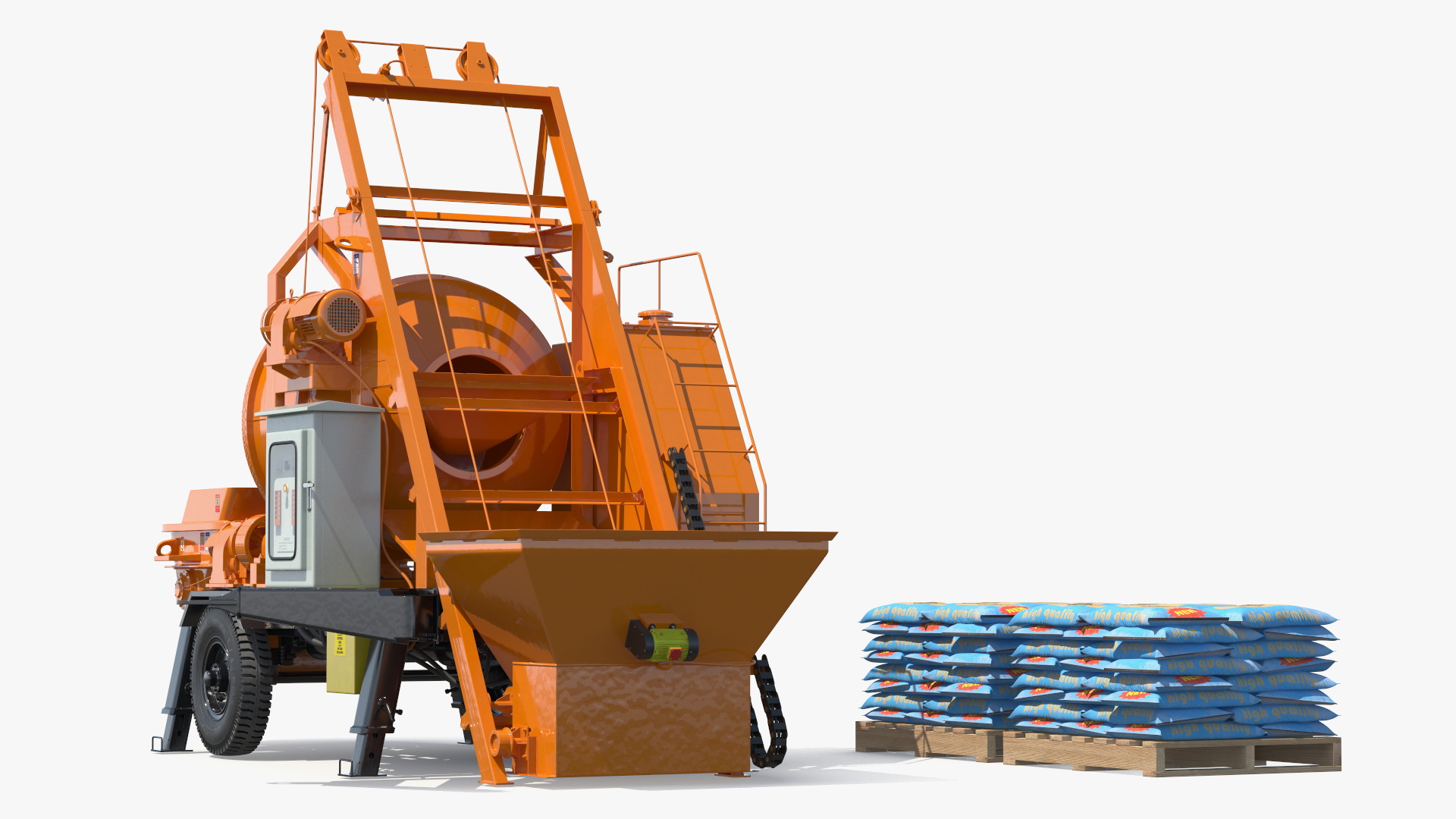 3D Portable Concrete Mixer Pump with Stacked Cement Bags model