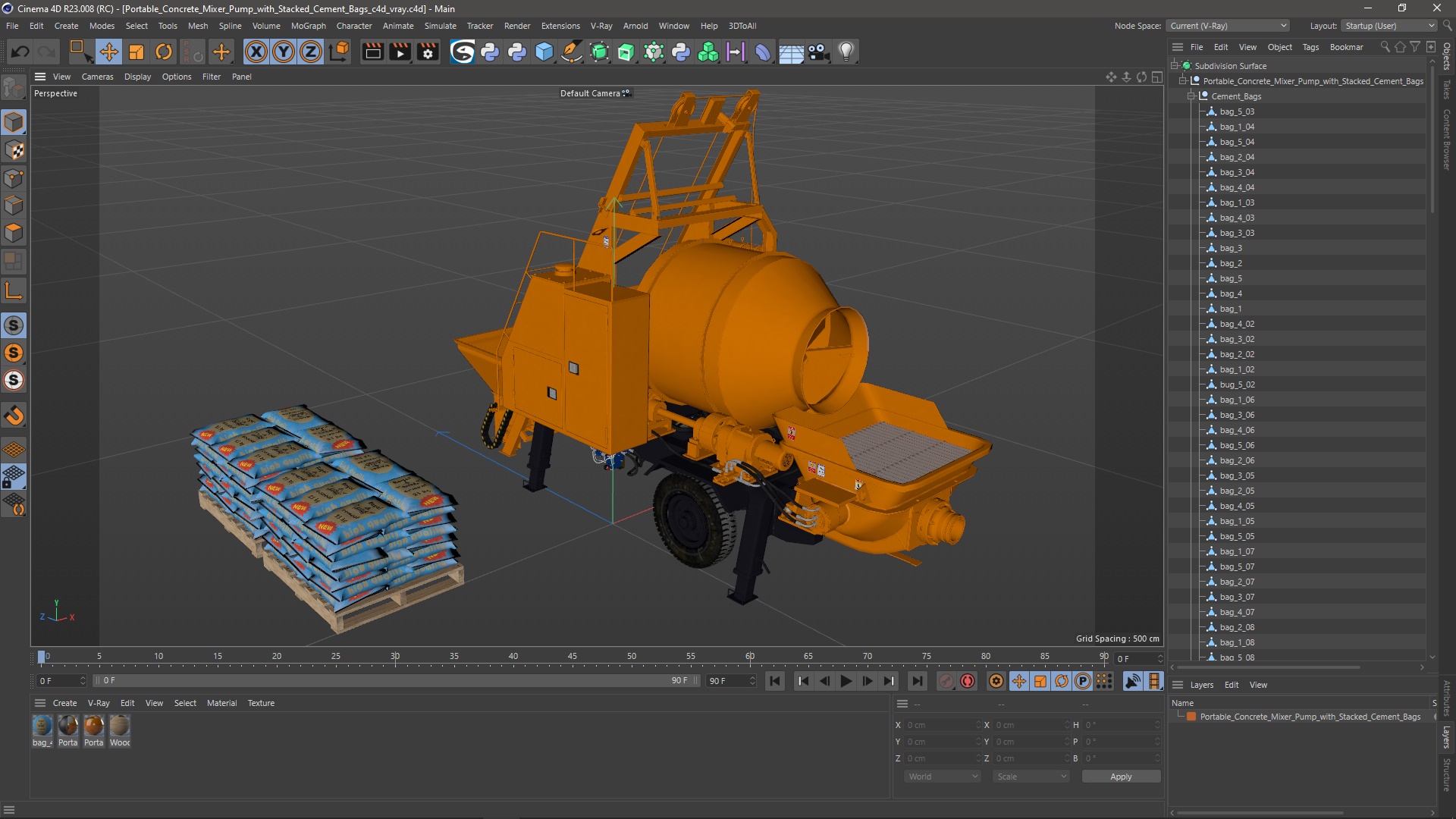 3D Portable Concrete Mixer Pump with Stacked Cement Bags model