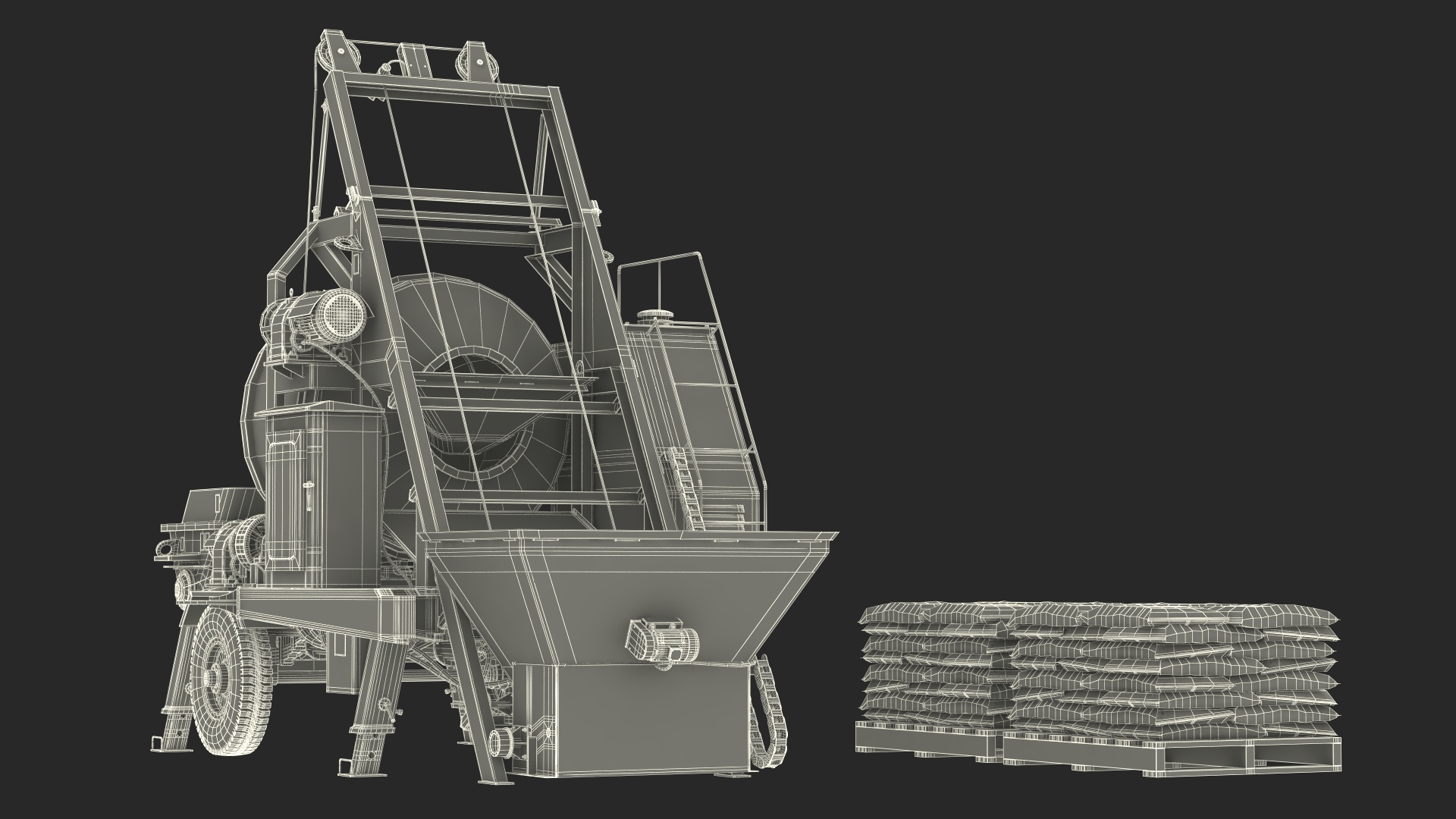 3D Portable Concrete Mixer Pump with Stacked Cement Bags model
