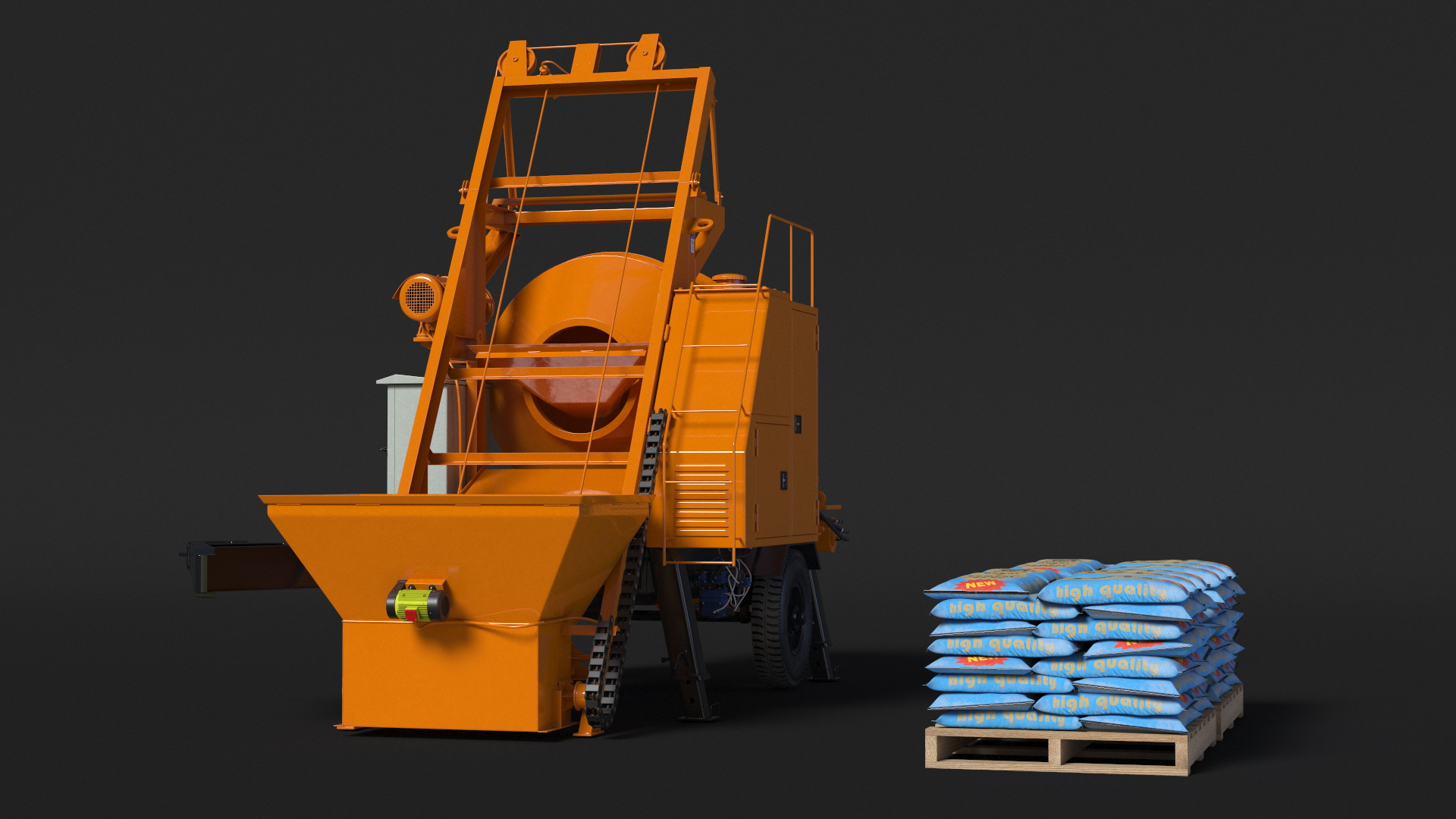 3D Portable Concrete Mixer Pump with Stacked Cement Bags model