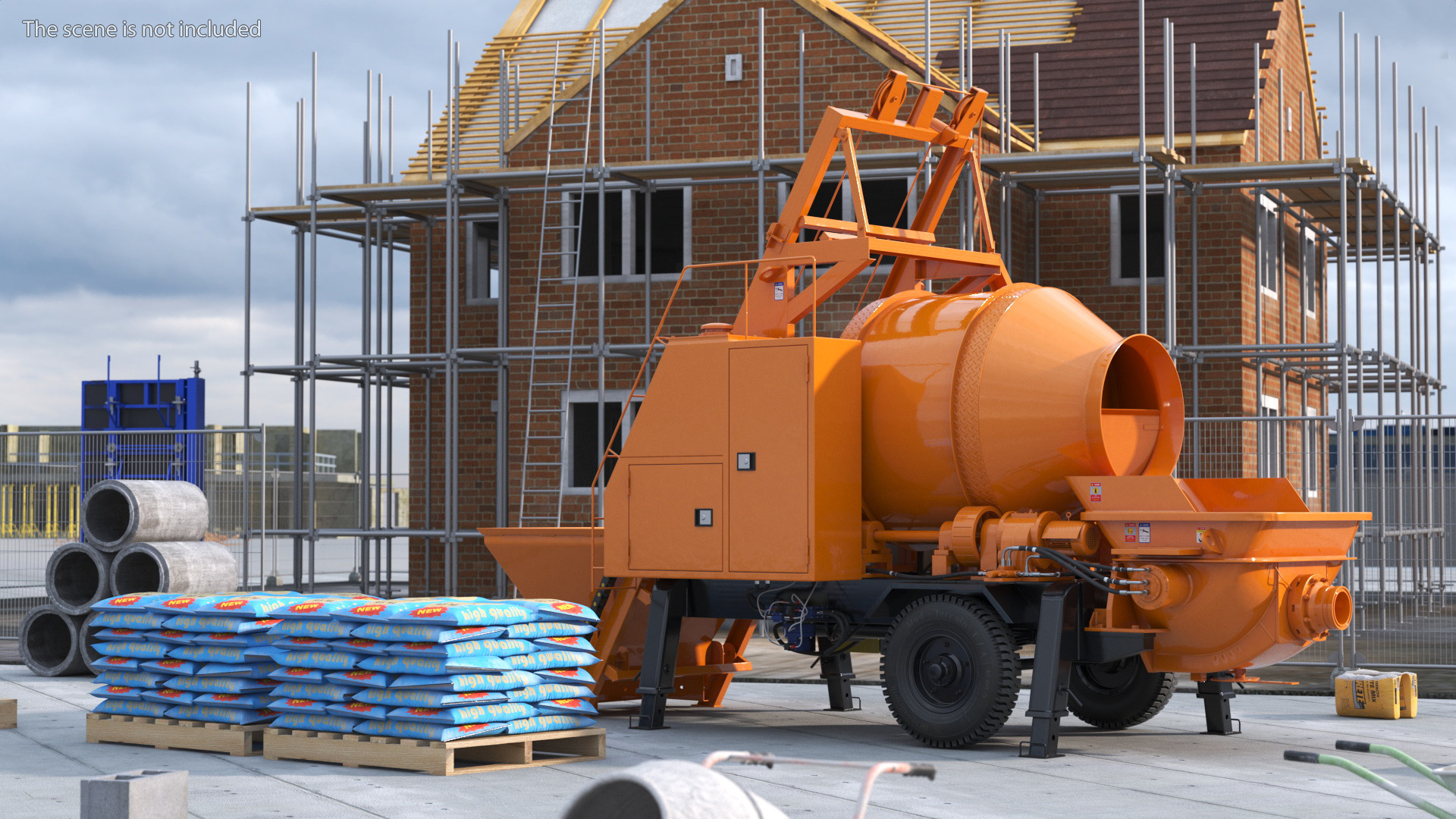 3D Portable Concrete Mixer Pump with Stacked Cement Bags model