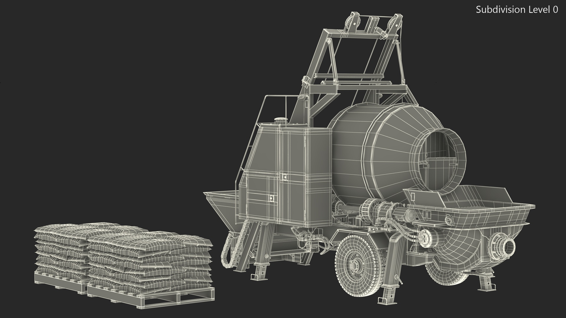 3D Portable Concrete Mixer Pump with Stacked Cement Bags model