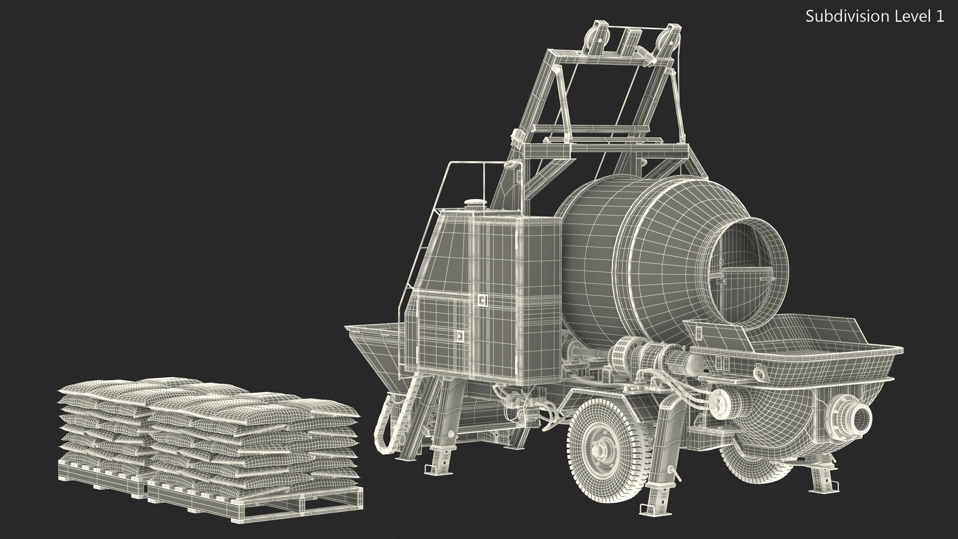 3D Portable Concrete Mixer Pump with Stacked Cement Bags model