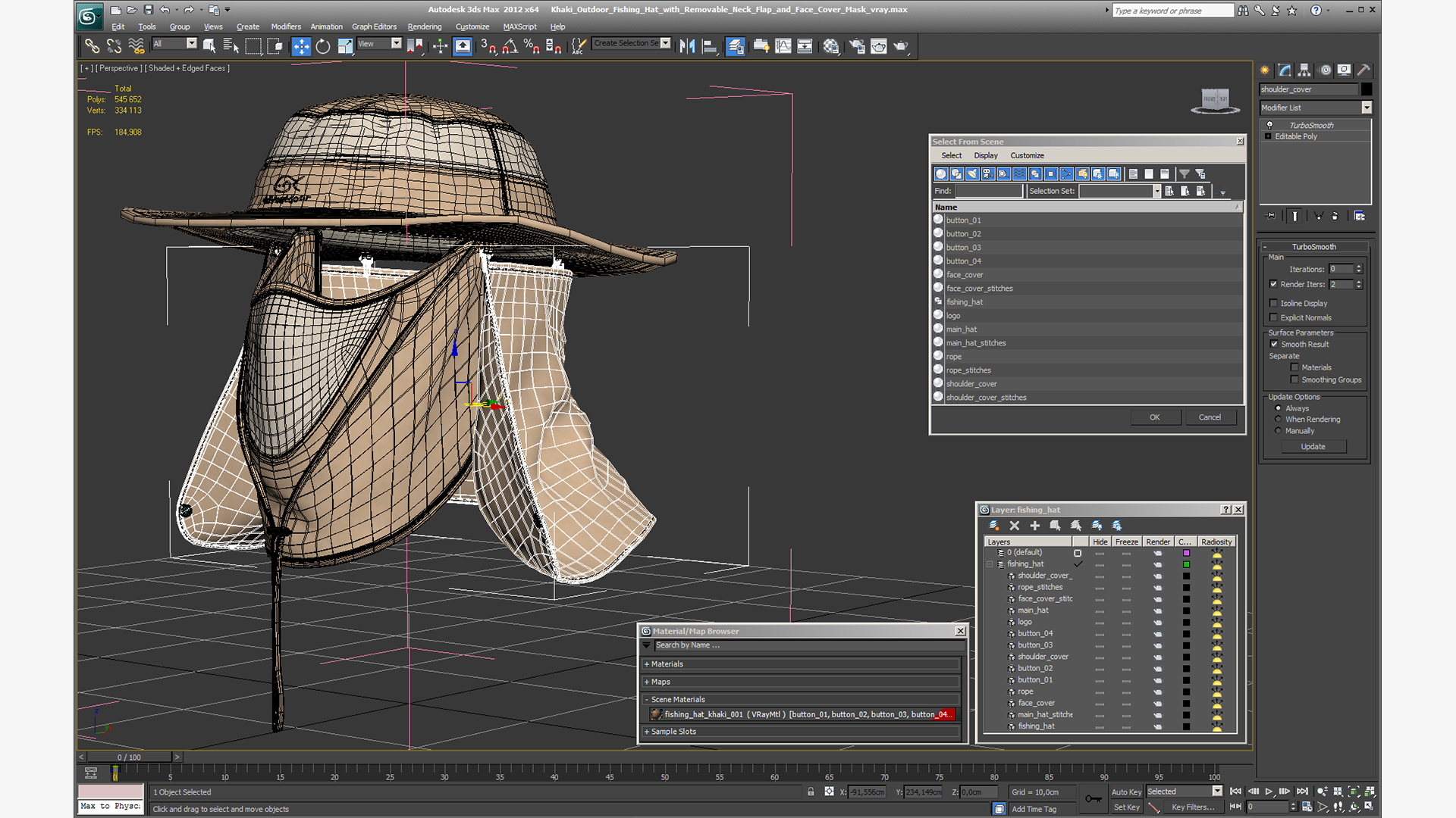 3D model Khaki Outdoor Fishing Hat with Removable Neck Flap and Face Cover Mask