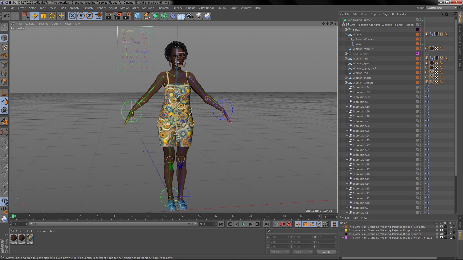 3D Afro American Grandma Wearing Pajamas Rigged for Cinema 4D model