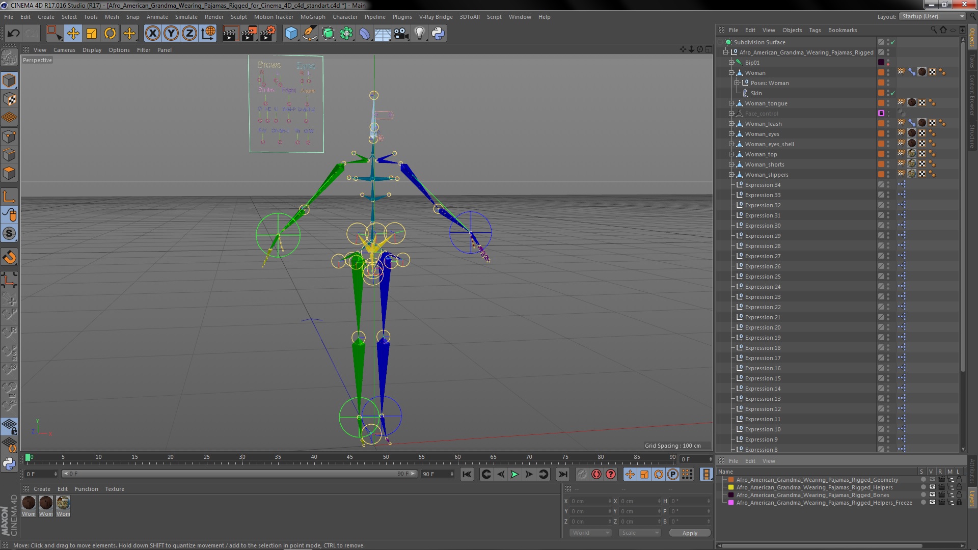 3D Afro American Grandma Wearing Pajamas Rigged for Cinema 4D model