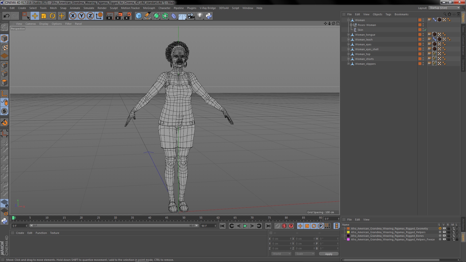 3D Afro American Grandma Wearing Pajamas Rigged for Cinema 4D model