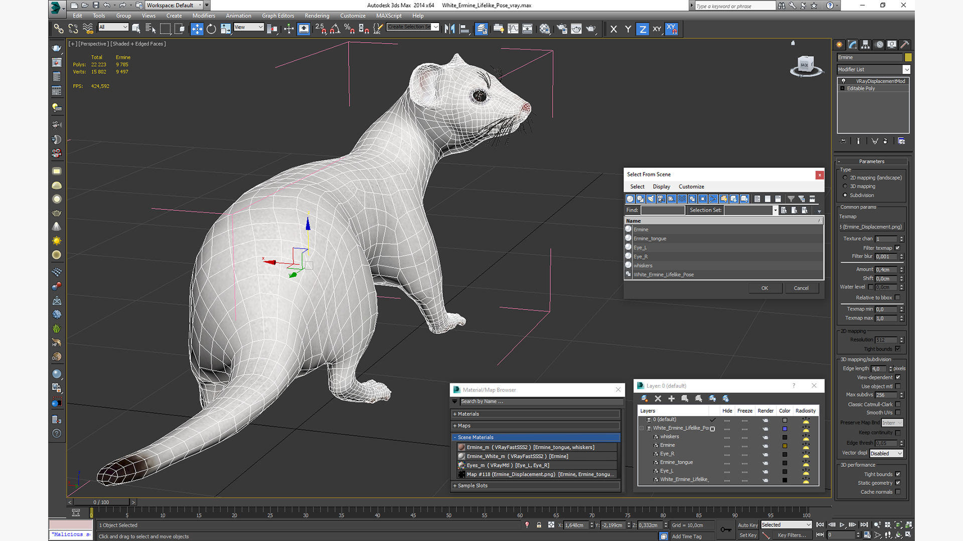 3D White Ermine Lifelike Pose
