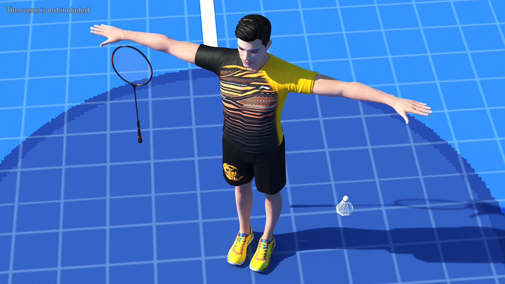 3D Asian Man with Badminton Racket T Pose model