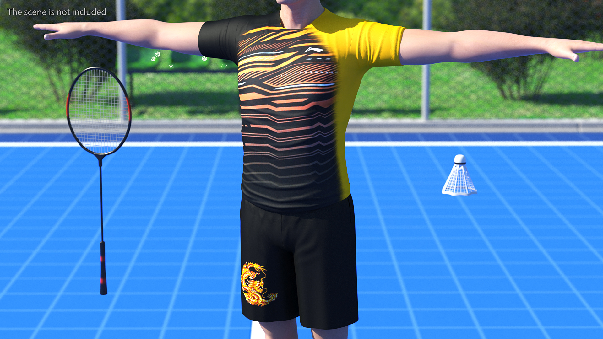 3D Asian Man with Badminton Racket T Pose model