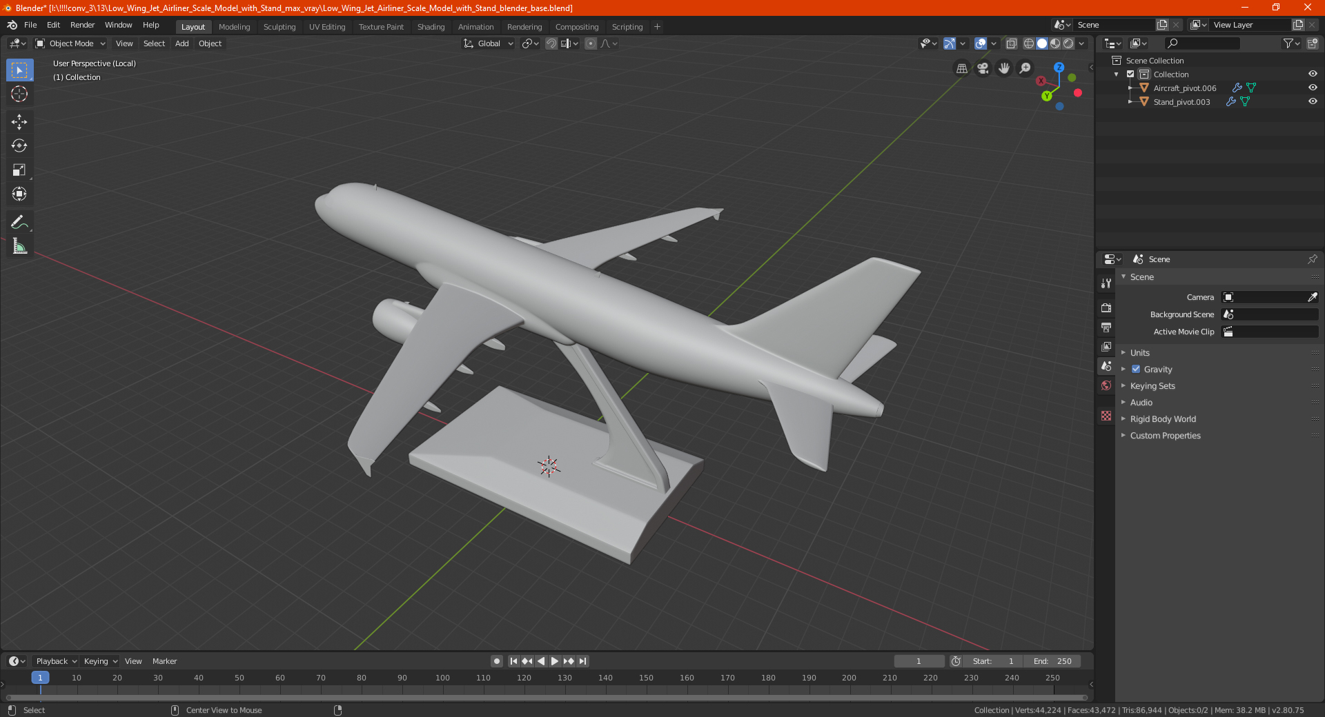 Low Wing Jet Airliner Scale Model with Stand 3D model