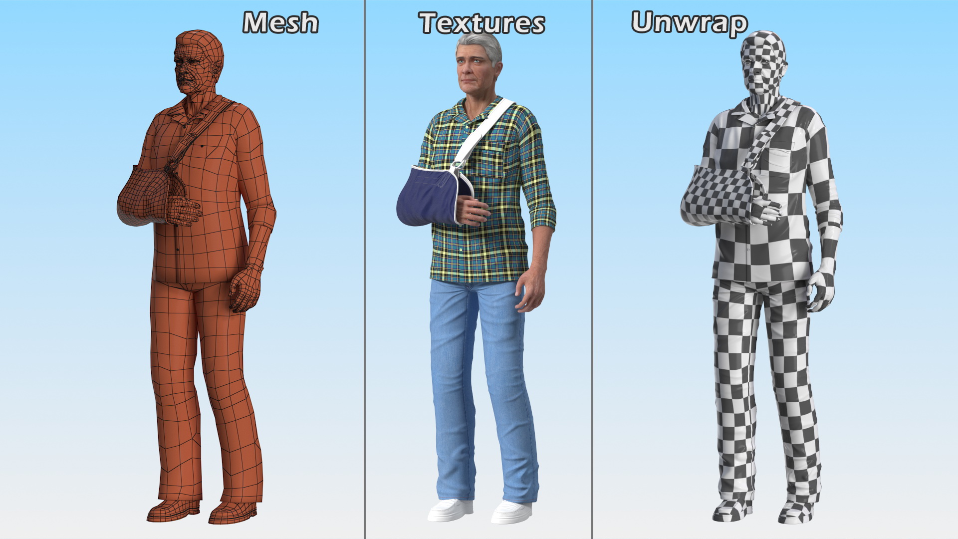 Elderly Man Arm Sling Bandage Hand Blue 3D model