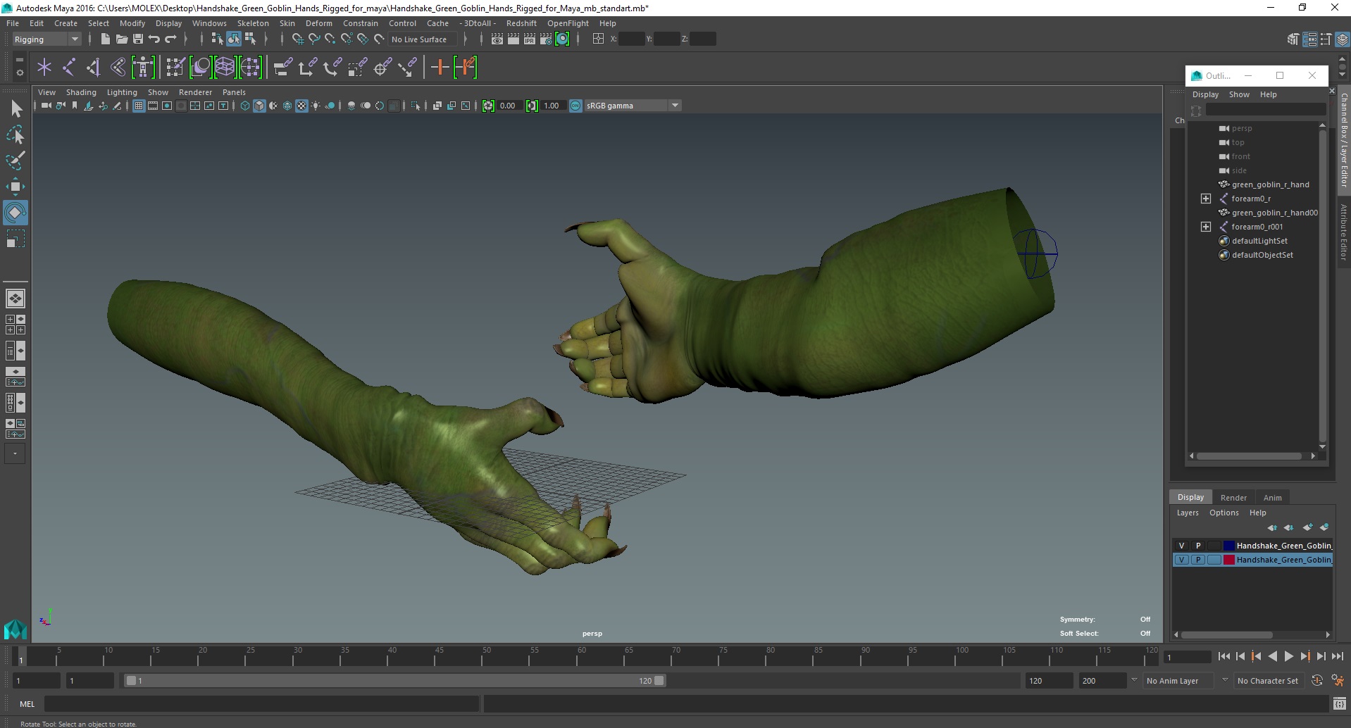 Handshake Green Goblin Hands Rigged for Maya 3D model