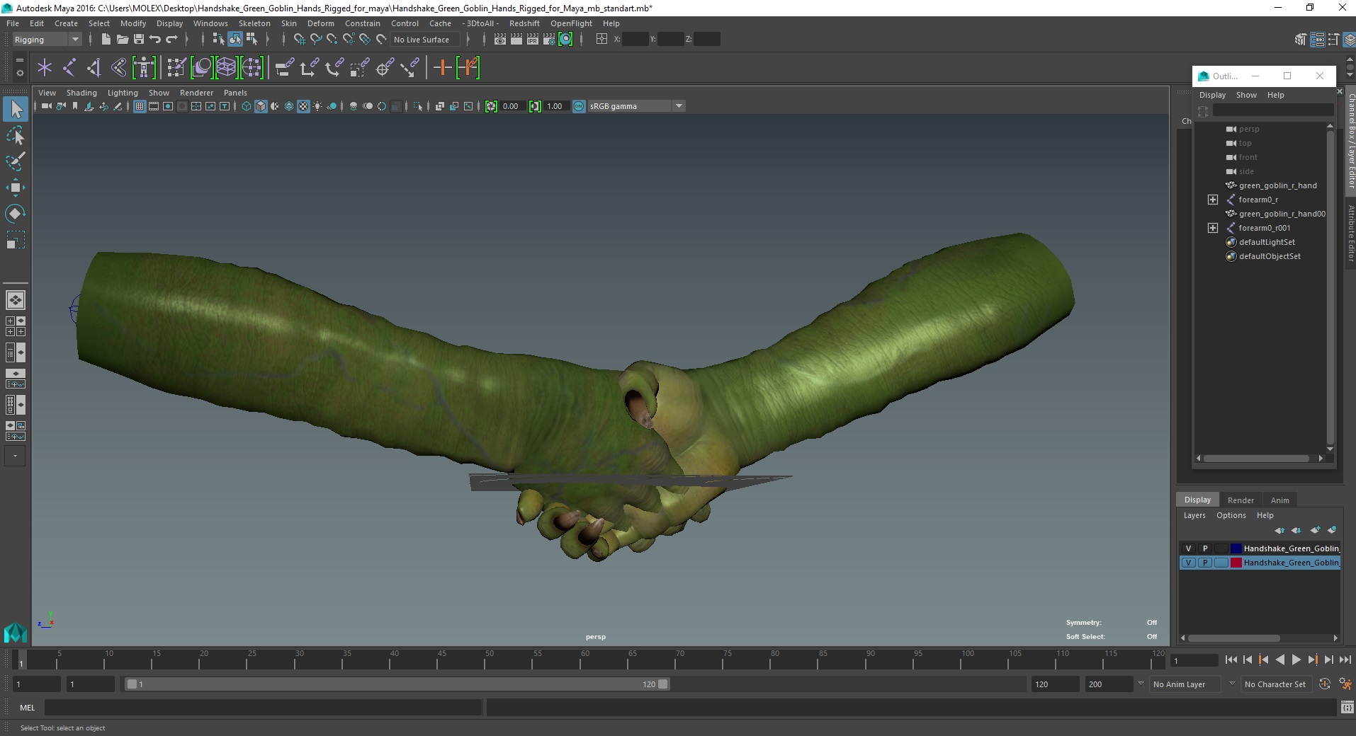 Handshake Green Goblin Hands Rigged for Maya 3D model