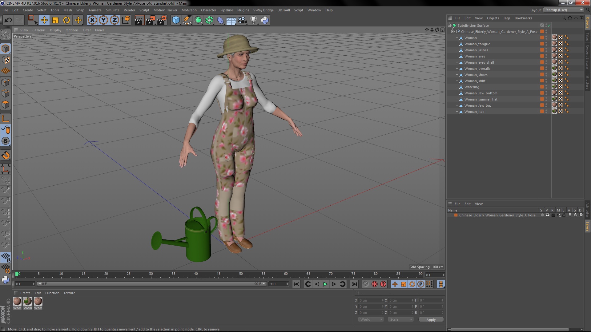 3D Chinese Elderly Woman Gardener Style A-Pose model
