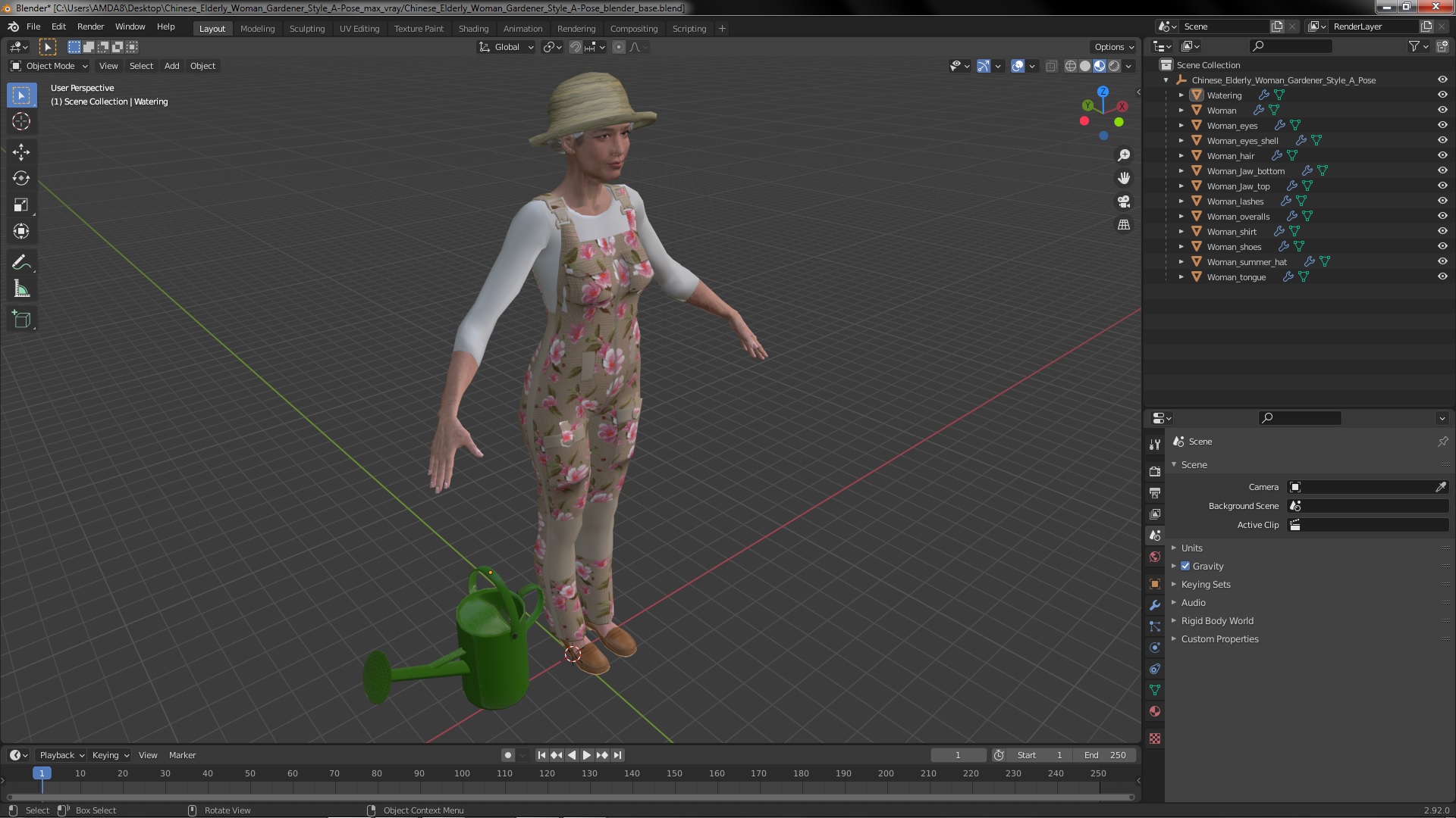 3D Chinese Elderly Woman Gardener Style A-Pose model