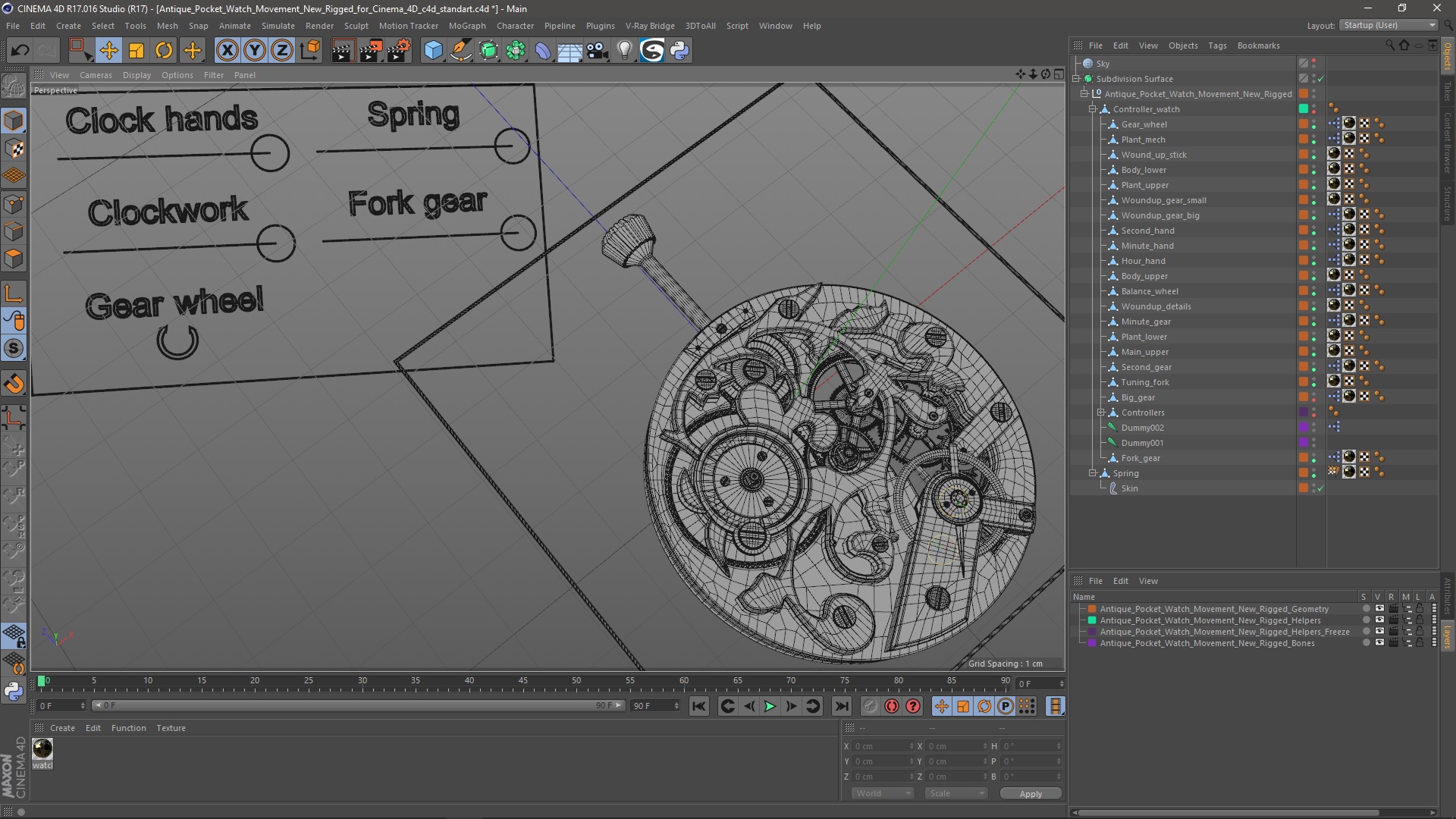 Antique Pocket Watch Movement New Rigged for Cinema 4D 3D model
