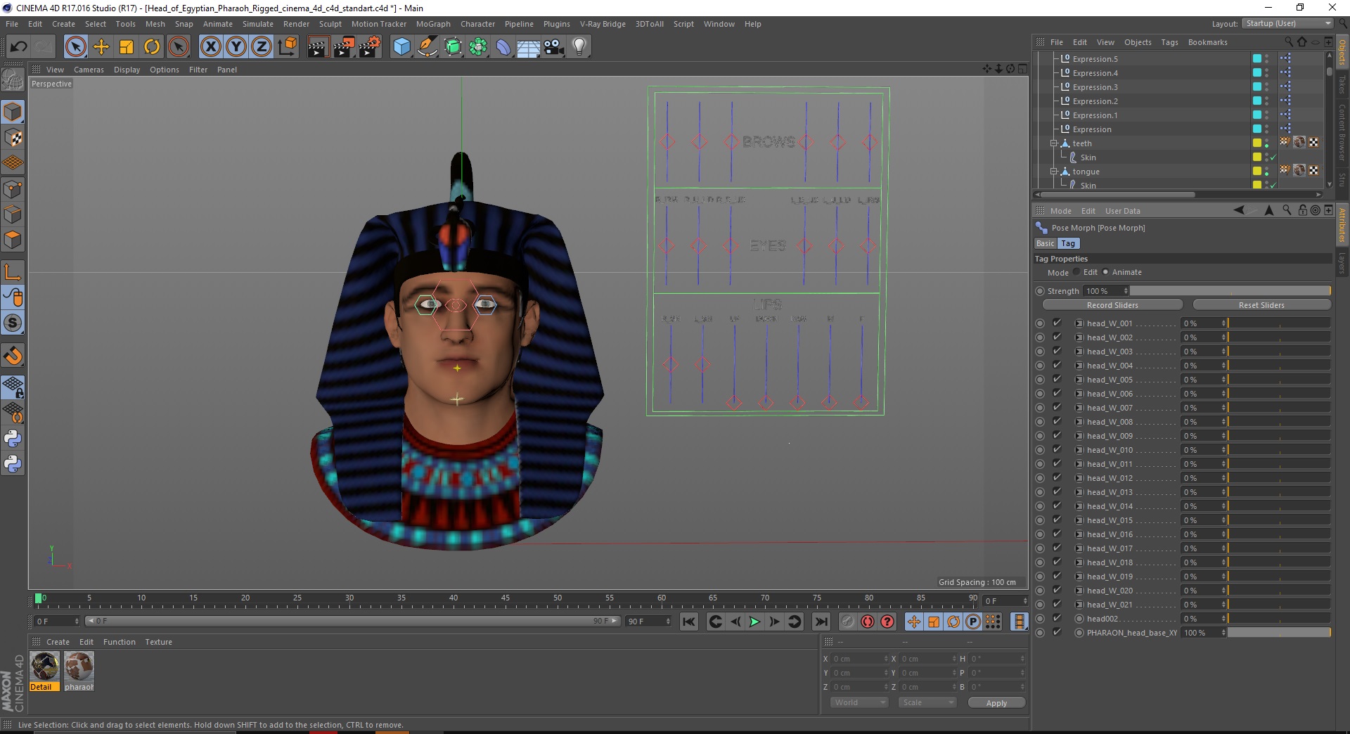 3D model Head of Egyptian Pharaoh Rigged for Cinema 4D