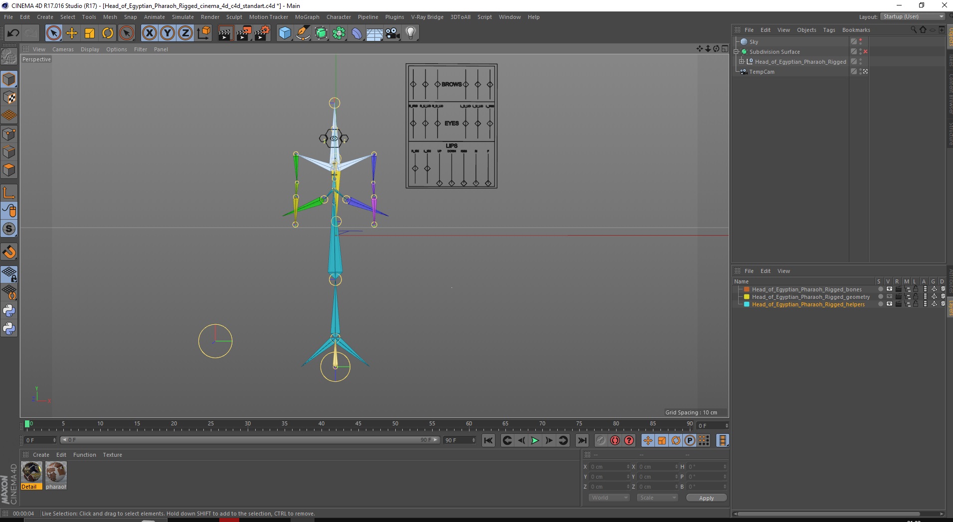 3D model Head of Egyptian Pharaoh Rigged for Cinema 4D