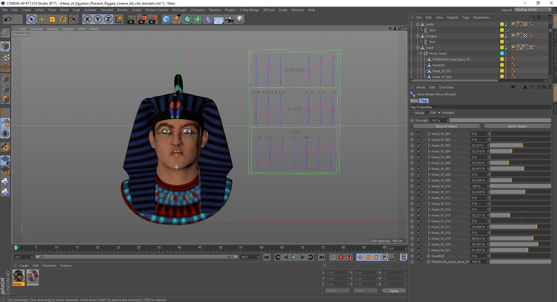 3D model Head of Egyptian Pharaoh Rigged for Cinema 4D