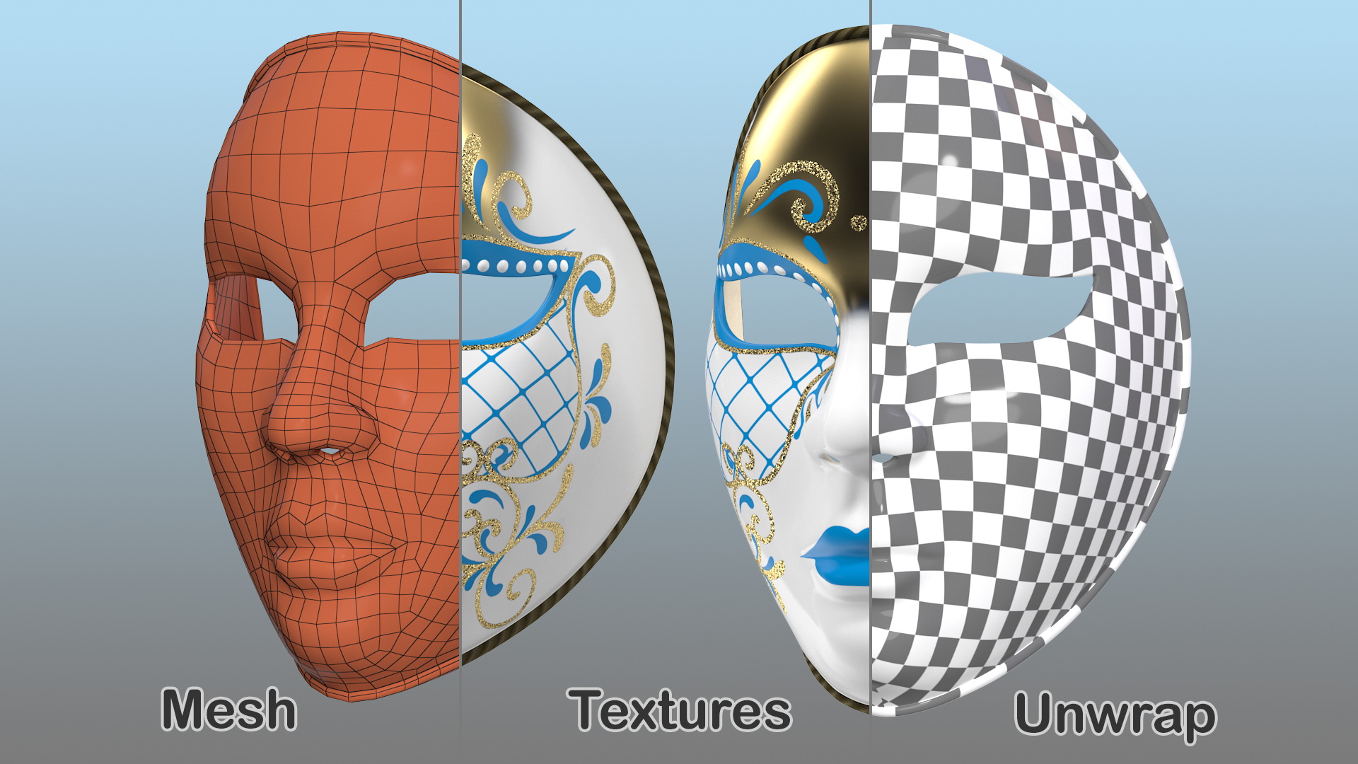 3D Blue Full Face Carnival Mask model