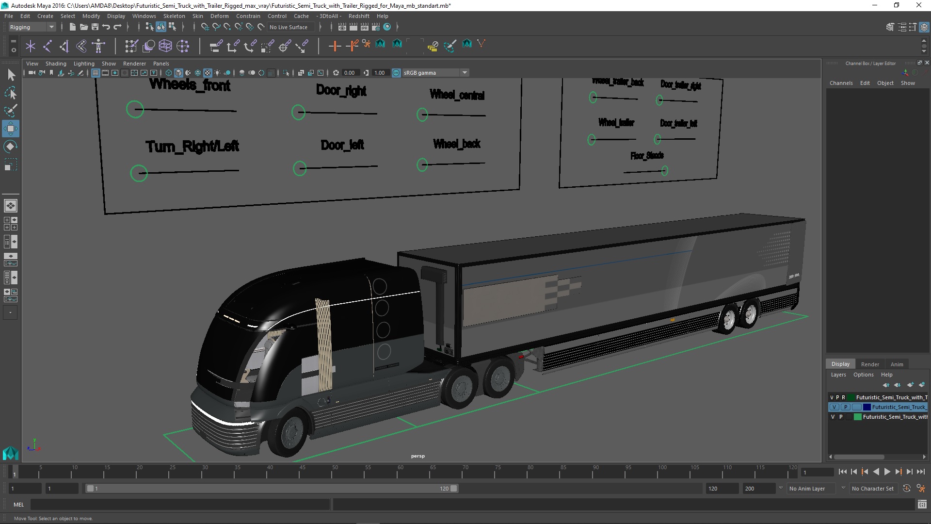 3D model Futuristic Semi Truck with Trailer Rigged for Maya